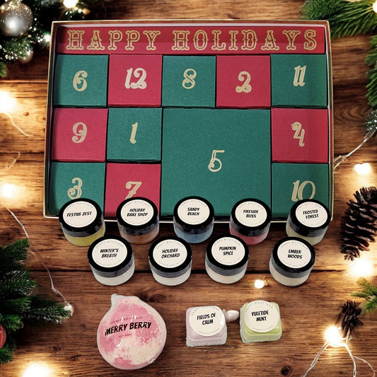 12 Day Handmade Christmas Gift Box – Festive Self-Care with Body Butters, Sugar Scrubs, Shower Steamers & Bath Bomb!