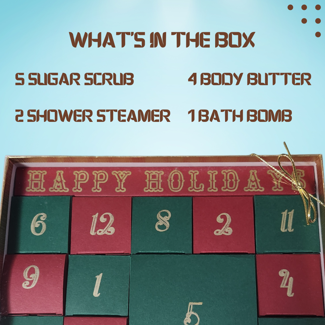 12 Day Handmade Christmas Gift Box – Festive Self-Care with Body Butters, Sugar Scrubs, Shower Steamers & Bath Bomb!